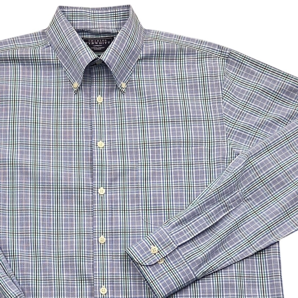 Charles Tyrwhitt Non Iron Glenn Plaid Button Down Shirt Blue Green Mens Large